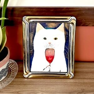 Red Wine Drinking White Cat Quirky Canvas Print Wall Art Vintage Brass Framed